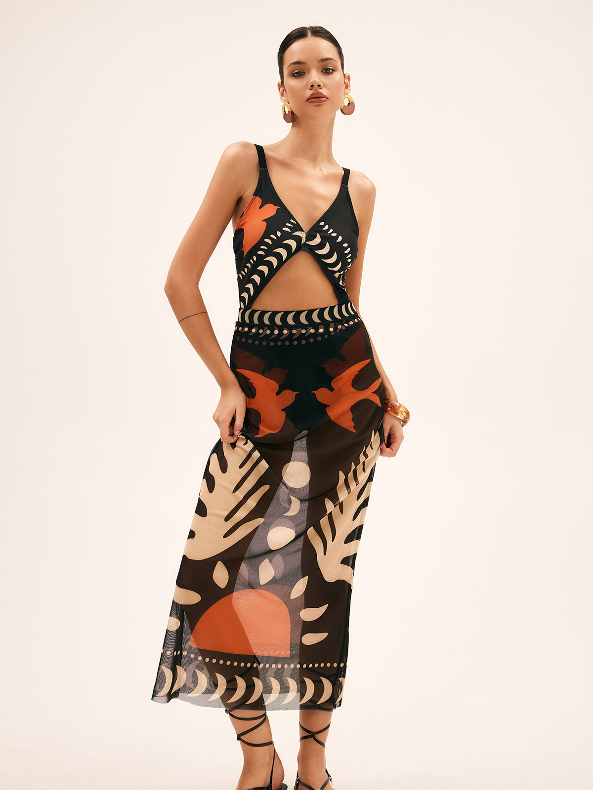 Bird Print Cutout One Piece Swimsuit