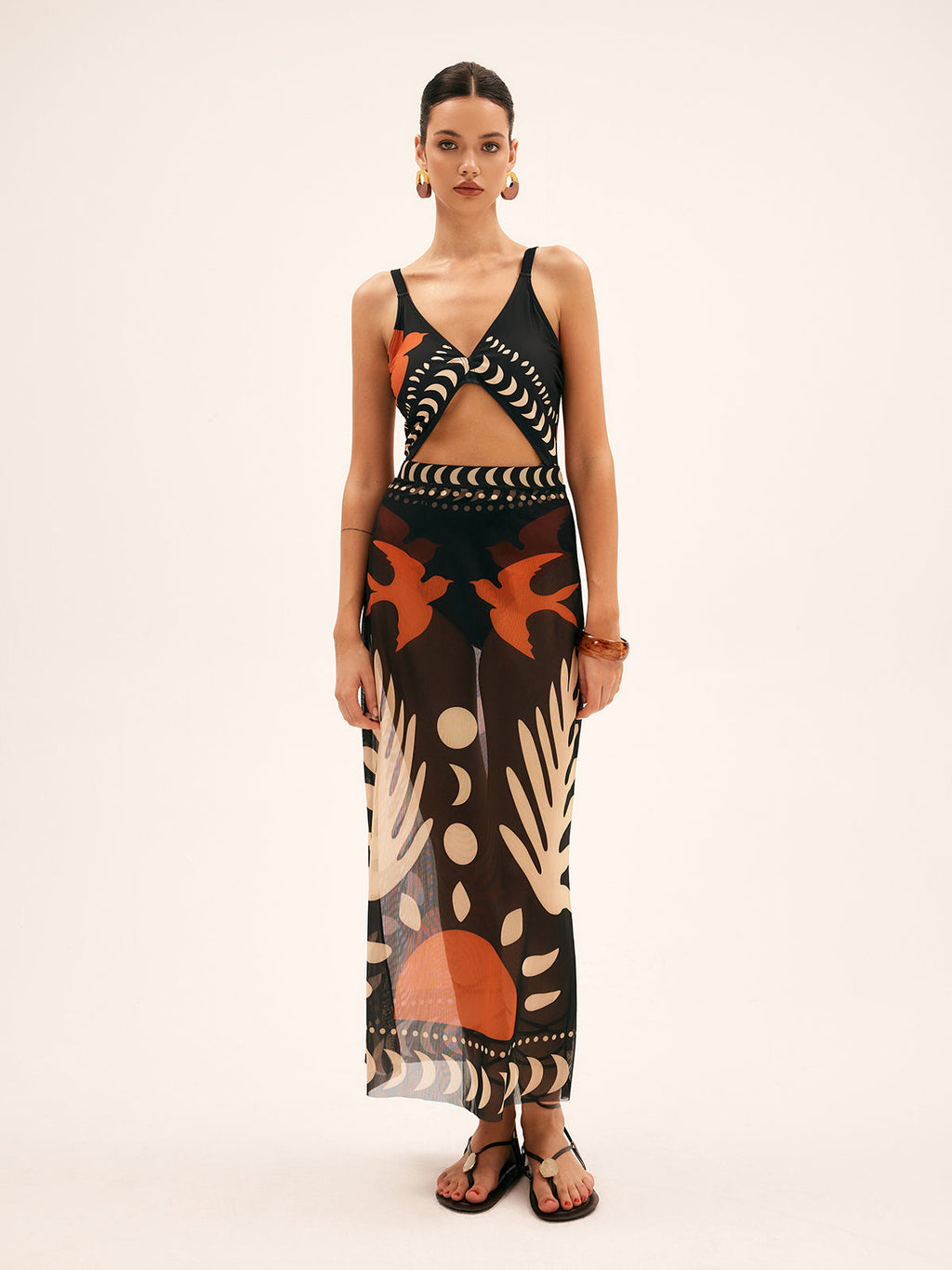 Bird Print Cutout One Piece Swimsuit