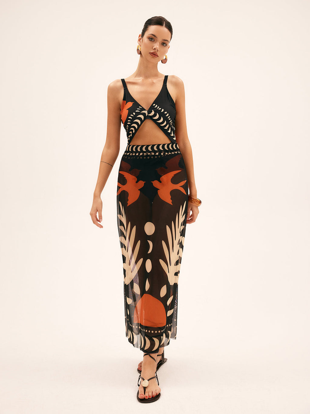 Bird Print Cutout One Piece Swimsuit