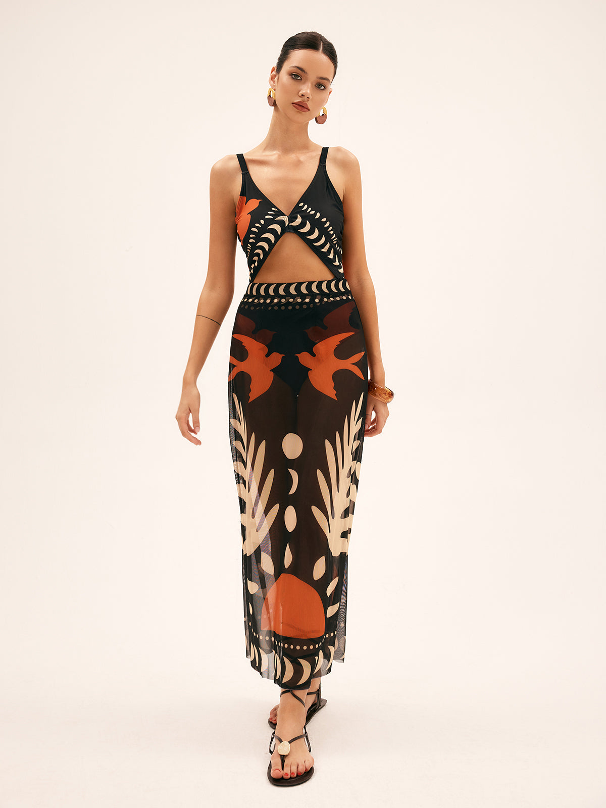Bird Print Cutout One Piece Swimsuit