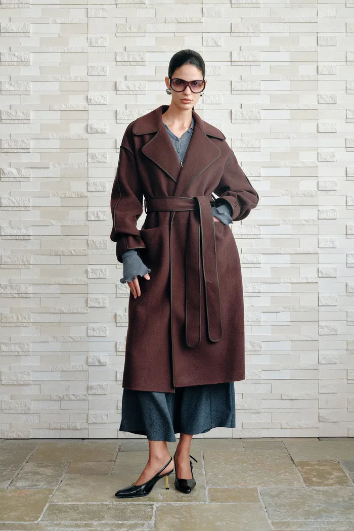 Vesta Hem Tie Lapel Wool Coat in Double-Face Merino Wool