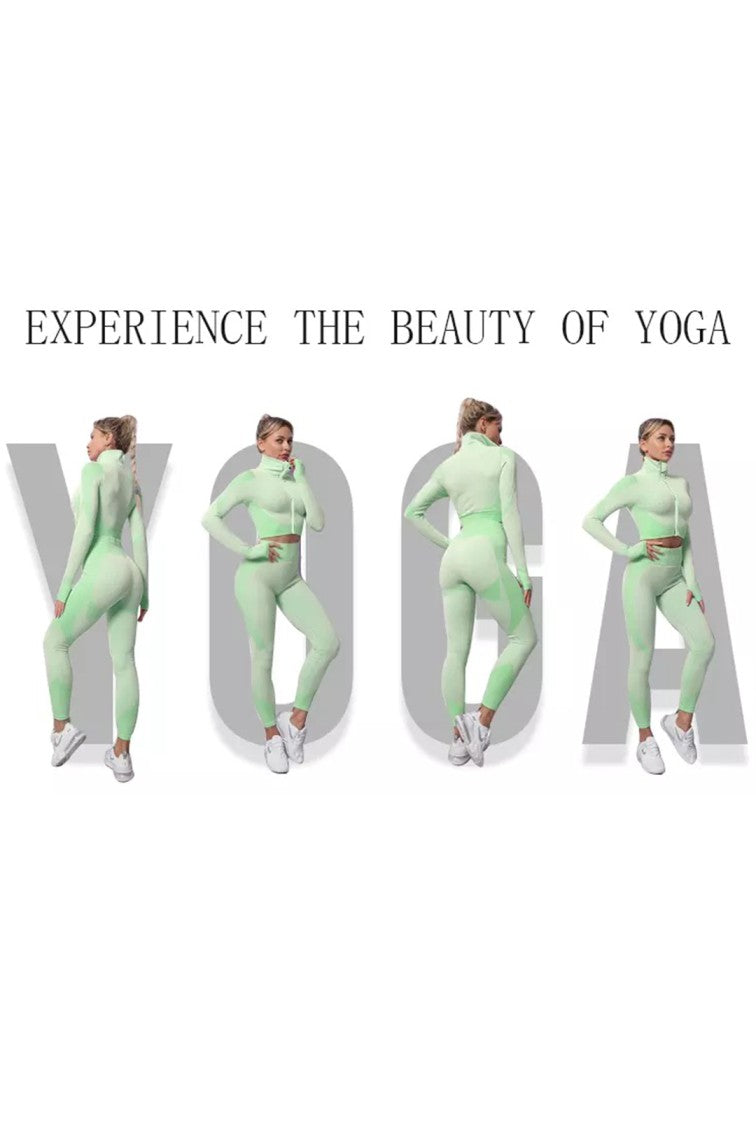 Seamless Women 3pcs Yoga Sets Fitness Sport Suit Long Sleeve Zipper with Sport Bra & Leggings Pants Green