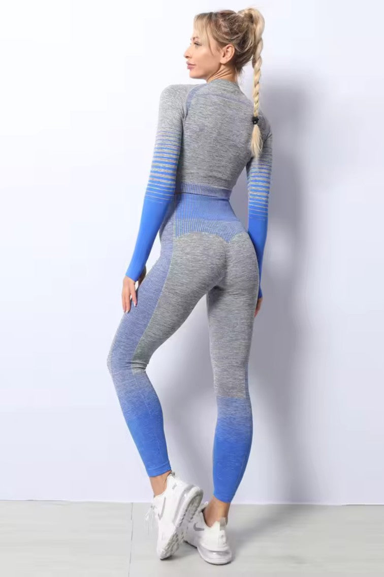 Women Seamless Workout Outfits Sport Long Sleeve And Legging Light Grey Blue