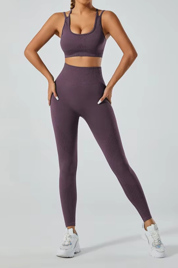 High Waisted 5 Pieces Workout Yoga, Running Wear Long sleeves, Leggings, Shorts, Sport Bra and Short sleeves Crop Top  Dark Purple