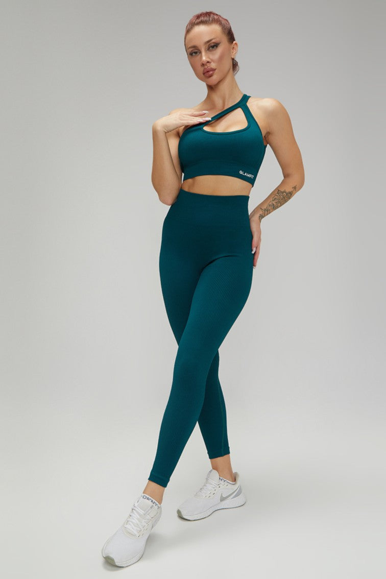 Women Seamless Workout Outfits One Shoulder Sport Bra Padded and High Waist Legging Pink