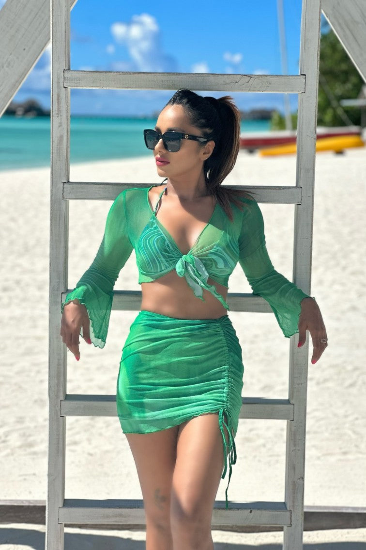 Women 2 Piece Bikini & Skirt Set (Green)