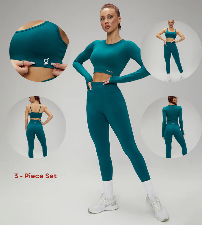European Quick Dry Long Sleeves Crop Top With Padded sports Bra, High Waist Leggings Workout 3pcs Sets Teal