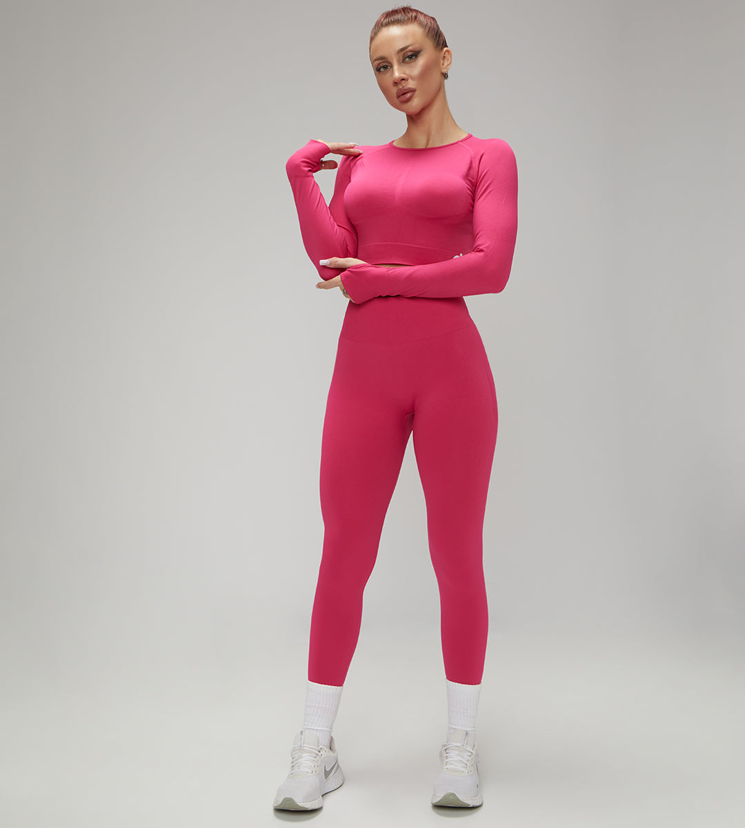 Hot Winter Spring Seamless Long Sleeve Crop Top High Waist Leggings 2psc Set Pink