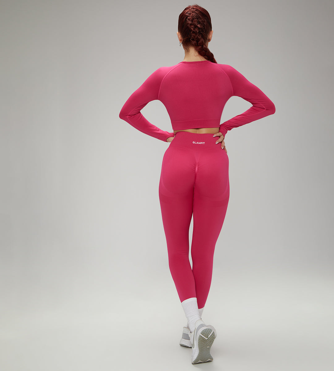 Hot Winter Spring Seamless Long Sleeve Crop Top High Waist Leggings 2psc Set Pink