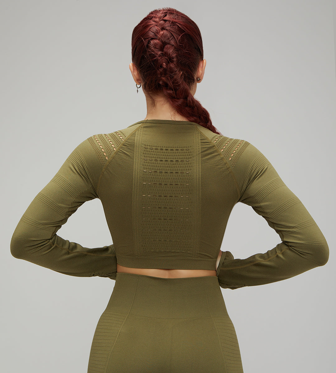 Women Seamless Workout Outfits Sport Long Sleeves And Leggings Khaki