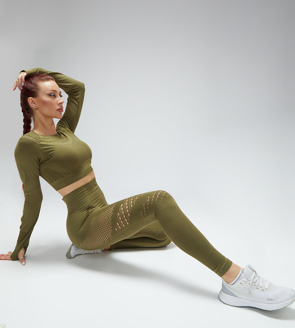 Women Seamless Workout Outfits Sport Long Sleeves And Leggings Khaki