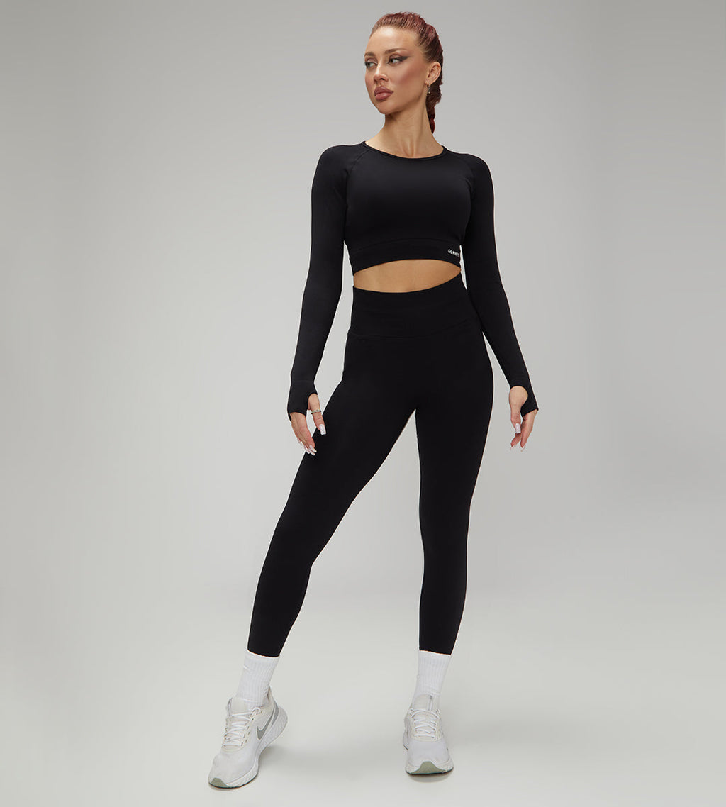 European Quick Dry Long Sleeves Crop Top With Padded Sports Bra, High Waist Leggings Workout Sets Black