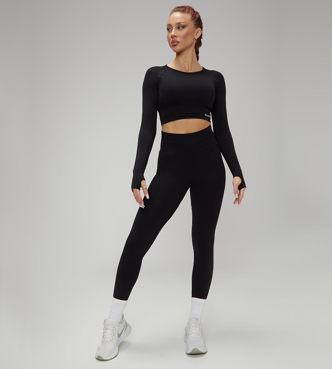 European Quick Dry Long Sleeves Crop Top With Padded Sports Bra, High Waist Leggings Workout Sets Black