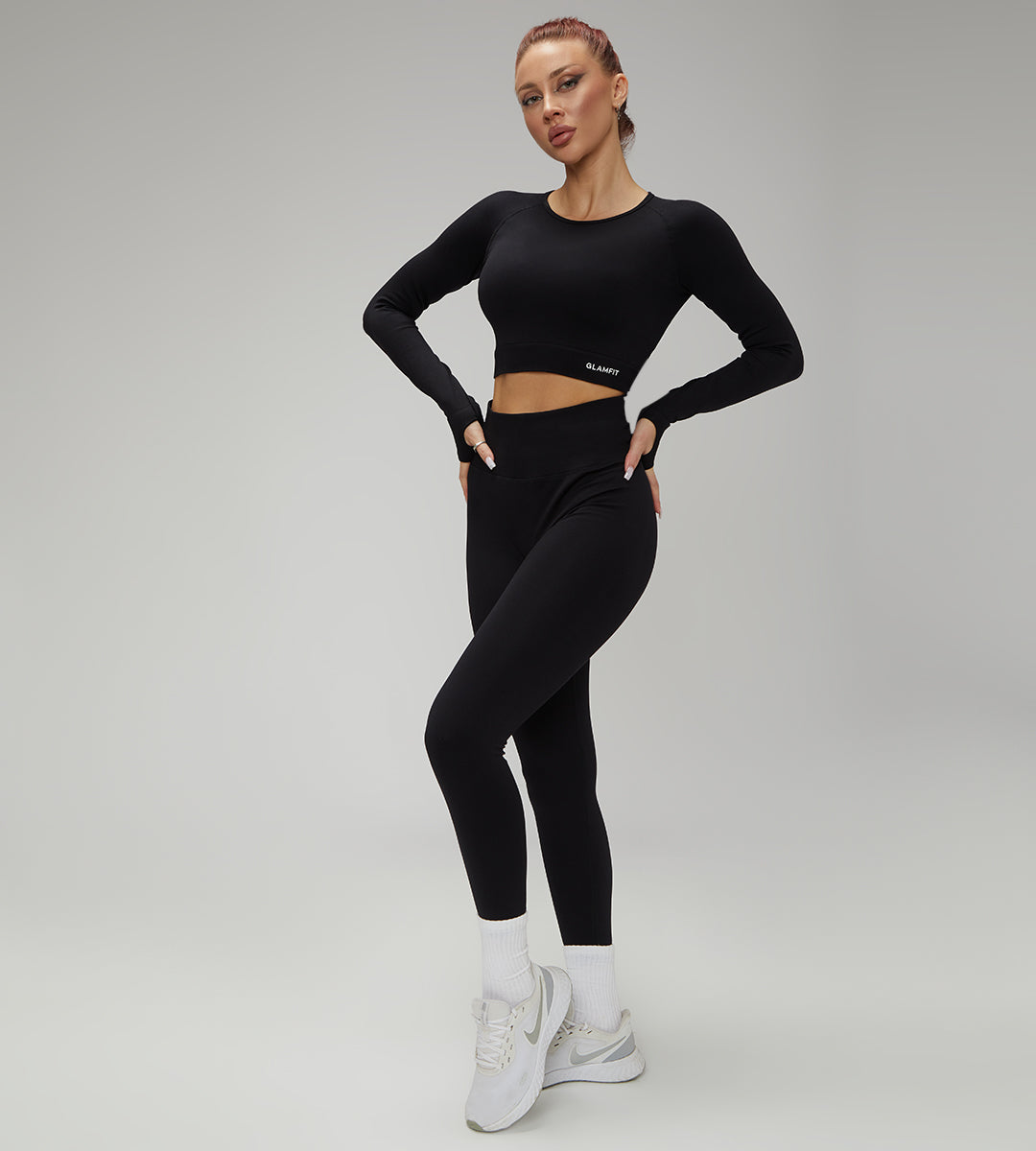European Quick Dry Long Sleeves Crop Top With Padded Sports Bra, High Waist Leggings Workout Sets Black