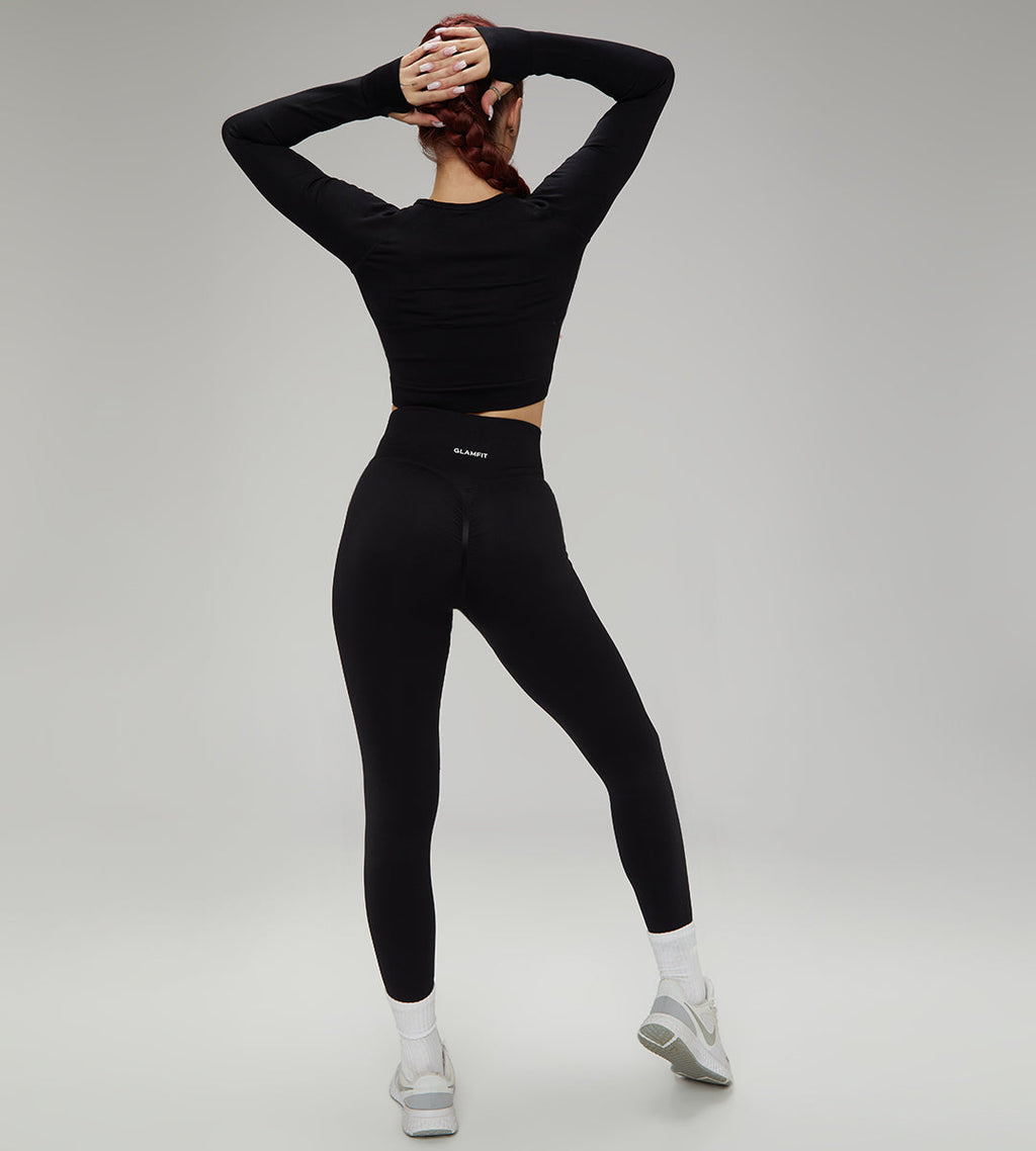 European Quick Dry Long Sleeves Crop Top With Padded Sports Bra, High Waist Leggings Workout Sets Black