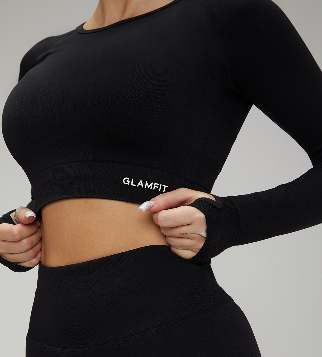 European Quick Dry Long Sleeves Crop Top With Padded Sports Bra, High Waist Leggings Workout Sets Black