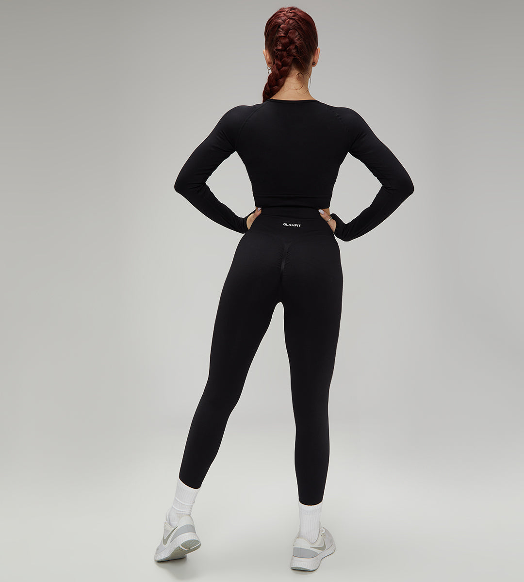 European Quick Dry Long Sleeves Crop Top With Padded Sports Bra, High Waist Leggings Workout Sets Black