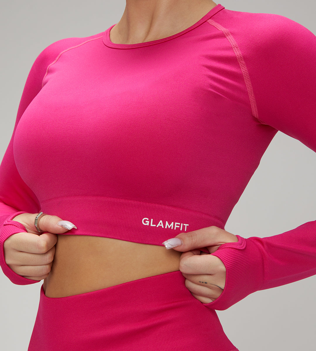 European Quick Dry Long Sleeves Crop Top With Padded sports Bra, High Waist Leggings Workout Sets Pink