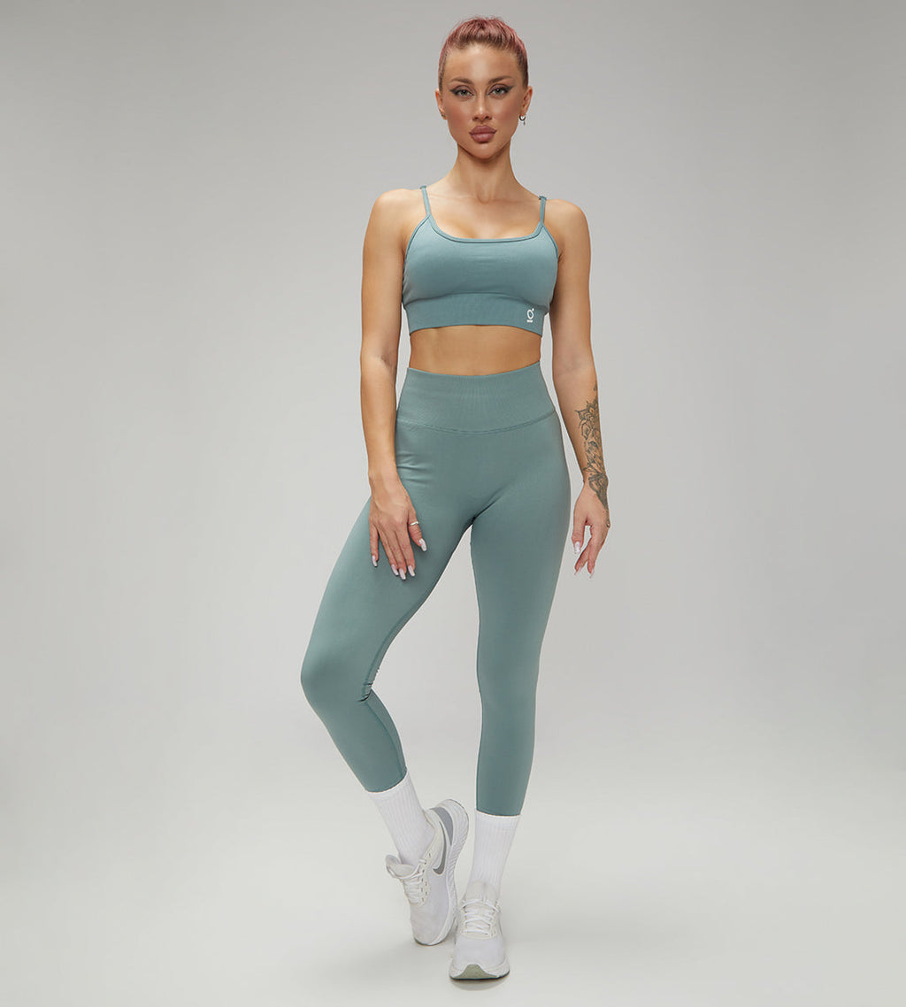 European Quick Dry Long Sleeves With Padded sports Bra, High Waist Leggings Workout 3pcs Sets Light Teal