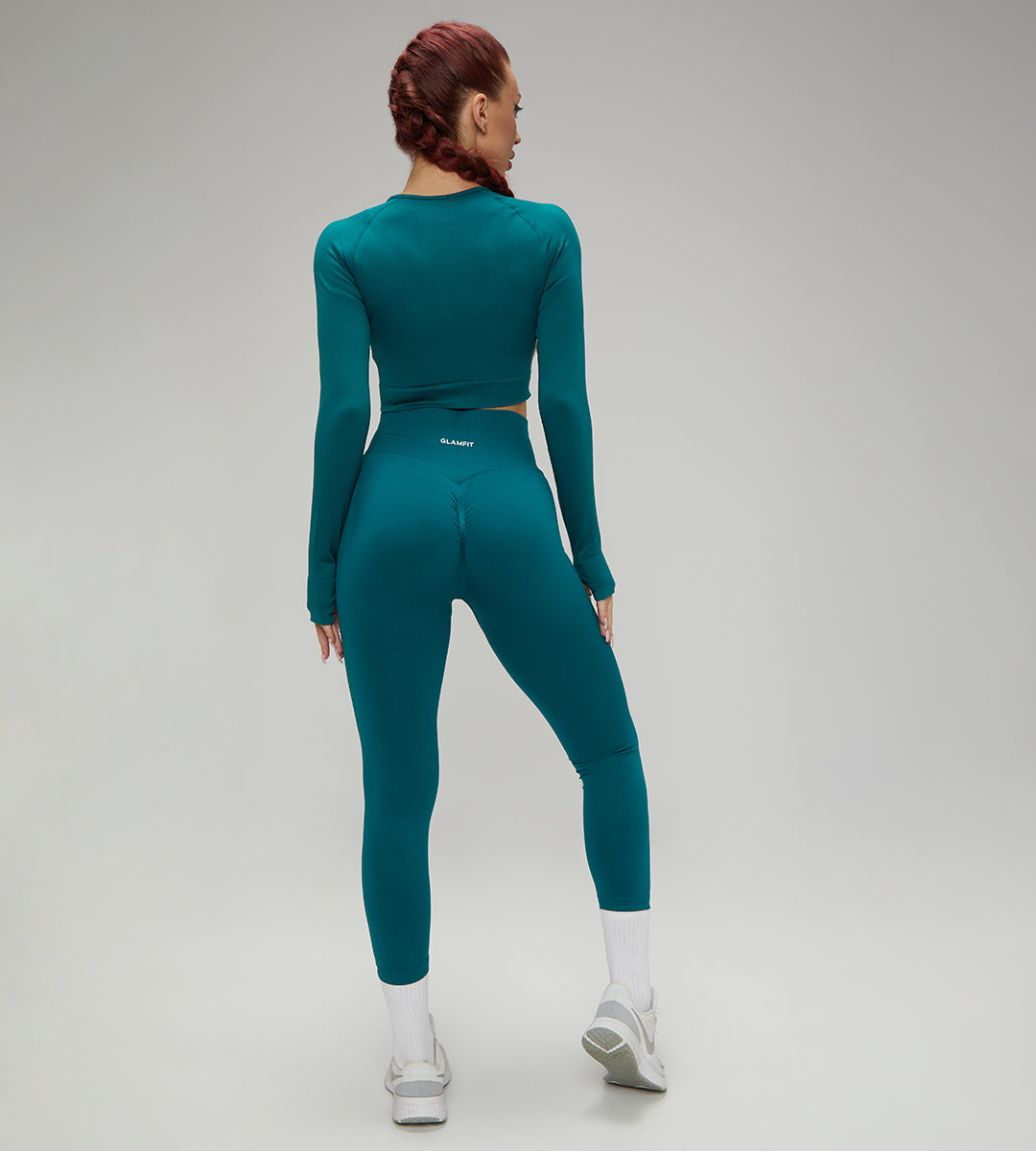 European Quick Dry Long Sleeves Crop Top With Padded sports Bra, High Waist Leggings Workout 3pcs Sets Teal