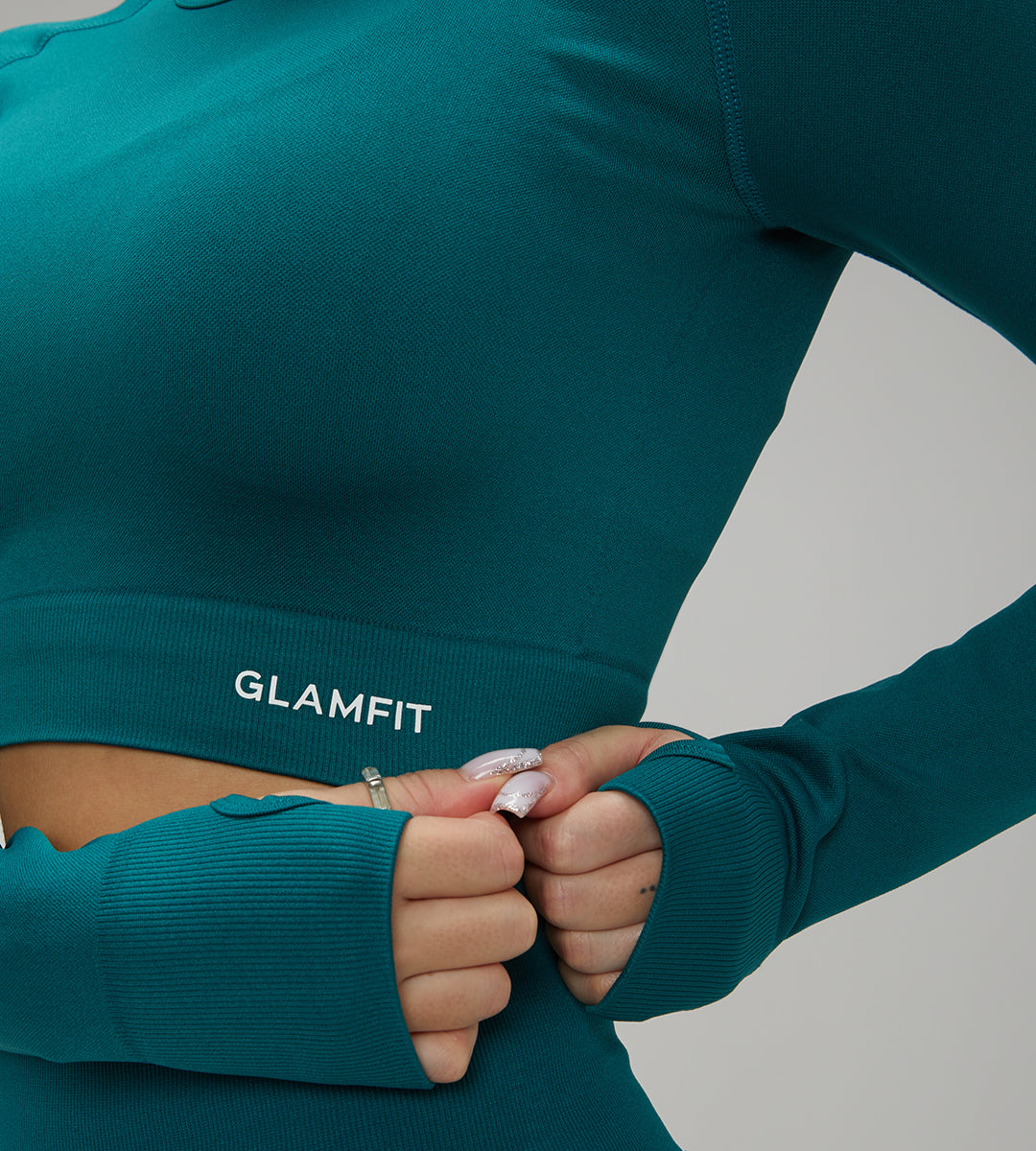 European Quick Dry Long Sleeves Crop Top With Padded sports Bra, High Waist Leggings Workout 3pcs Sets Teal