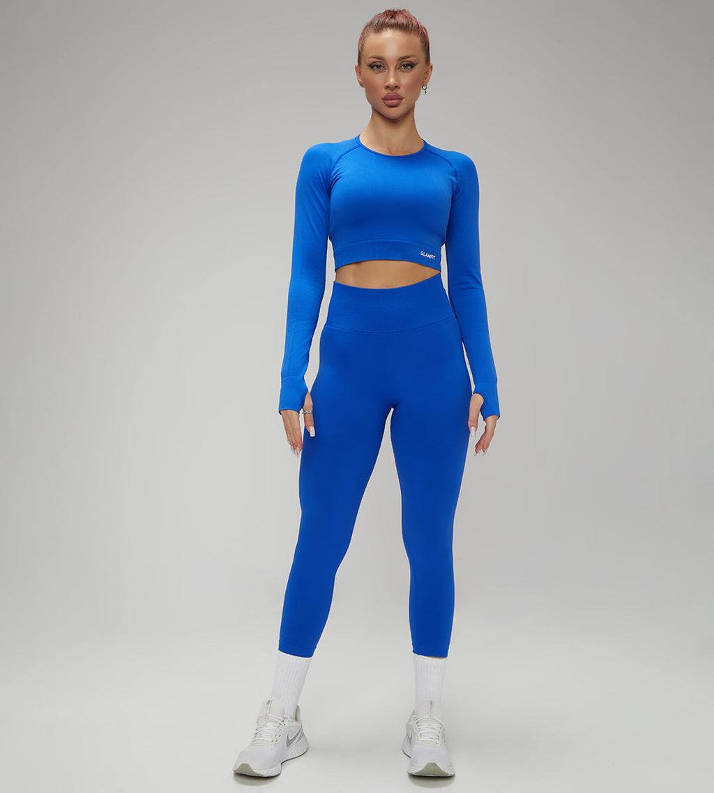 European Quick Dry Long Sleeves Crop Top With Padded Sports Bra, High Waist Leggings Workout 3pcs Set Blue