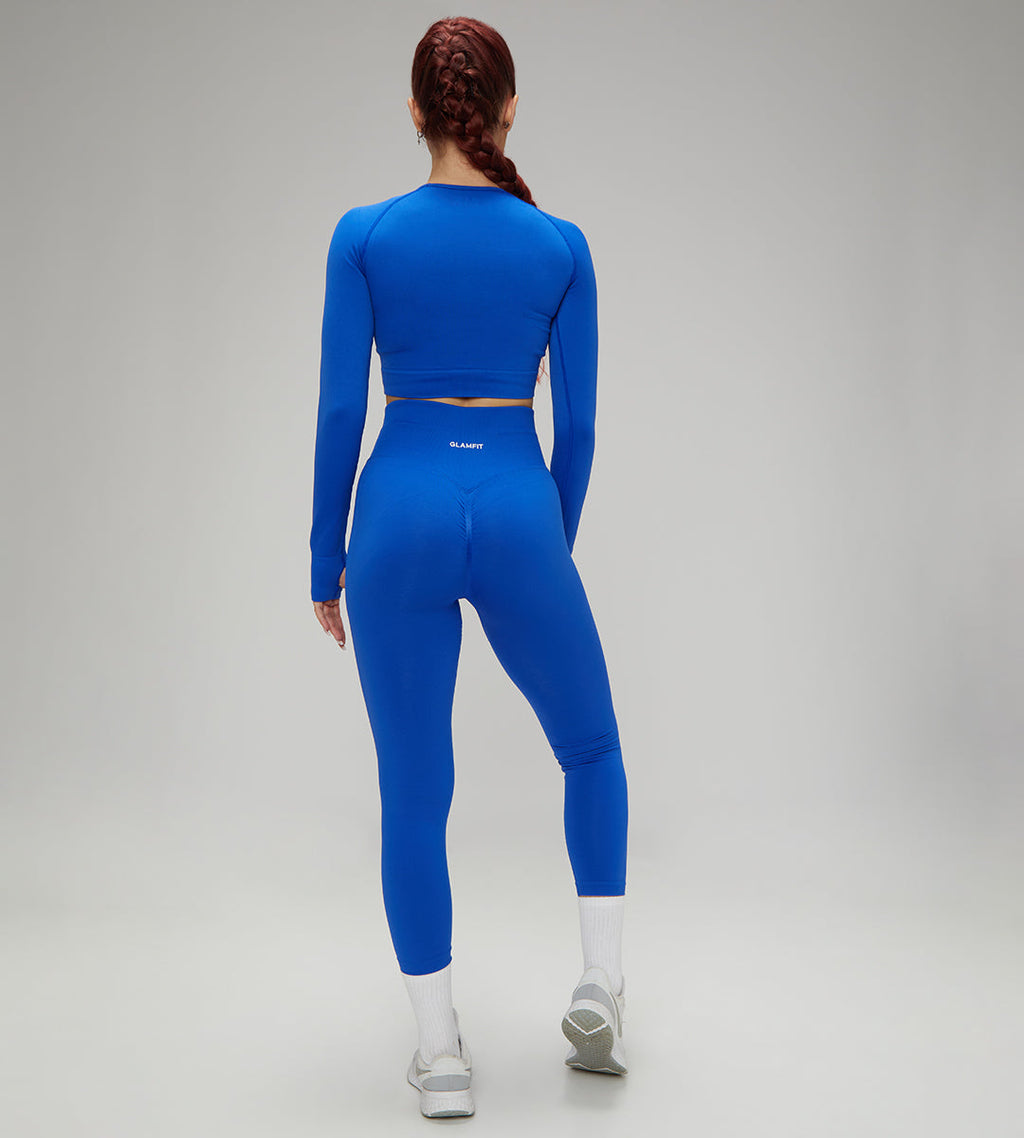 European Quick Dry Long Sleeves Crop Top With Padded Sports Bra, High Waist Leggings Workout 3pcs Set Blue