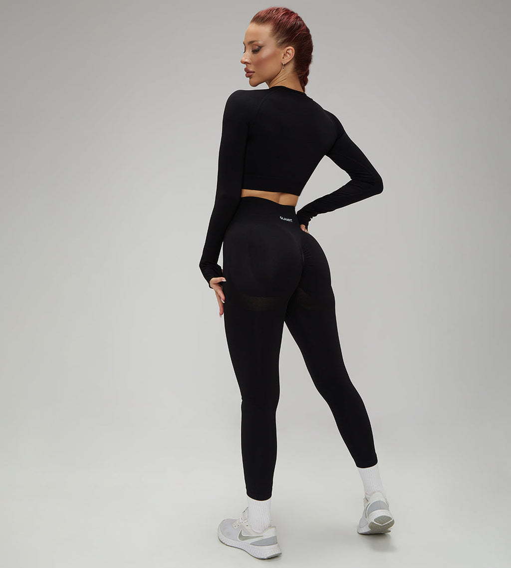 Hot Winter Spring Seamless Long Sleeve Crop Top High Waist Leggings 2psc Set Black