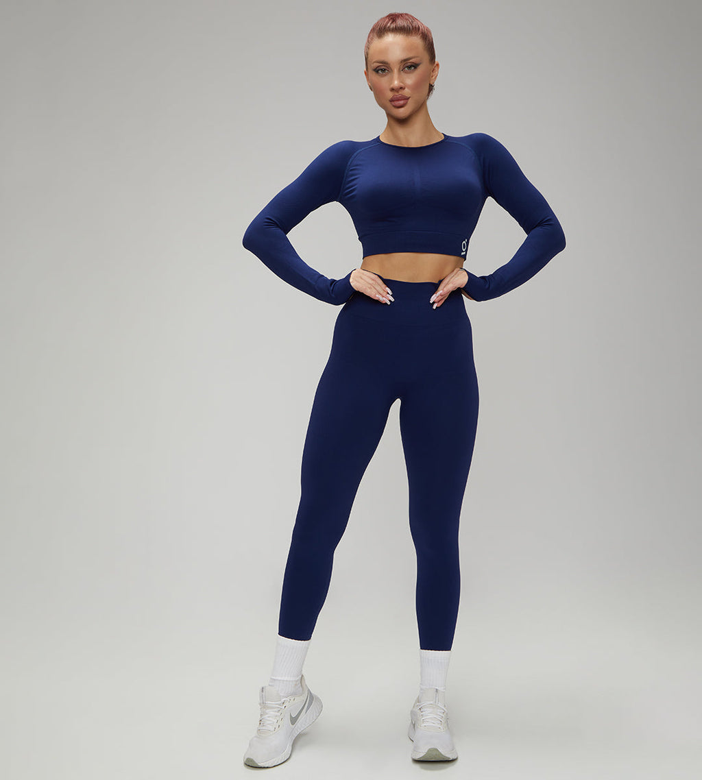 Hot Winter Spring Seamless Long Sleeve Crop Top High Waist Leggings 2pcs Set Navy Blue