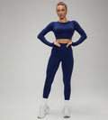 Hot Winter Spring Seamless Long Sleeve Crop Top High Waist Leggings 2pcs Set Navy Blue