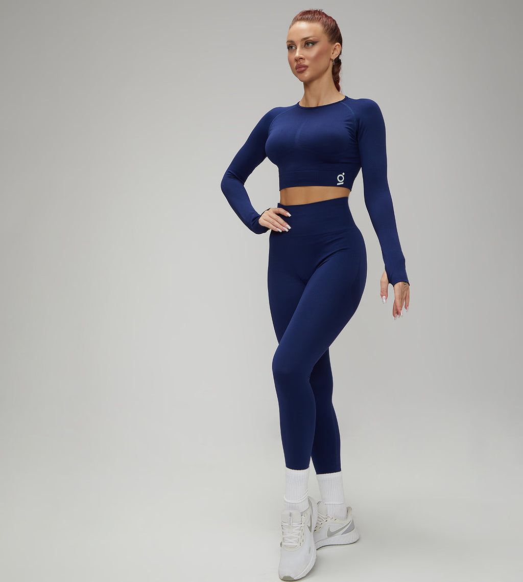 Hot Winter Spring Seamless Long Sleeve Crop Top High Waist Leggings 2pcs Set Navy Blue