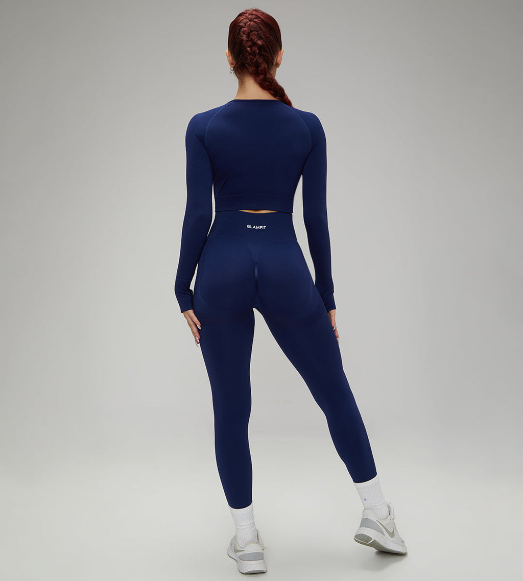 Hot Winter Spring Seamless Long Sleeve Crop Top High Waist Leggings 2pcs Set Navy Blue