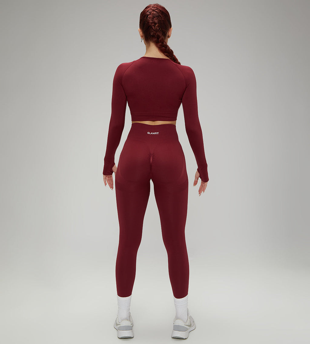 Hot Winter Spring Seamless Long Sleeve Crop Top High Waist Leggings 2psc Set Maroon