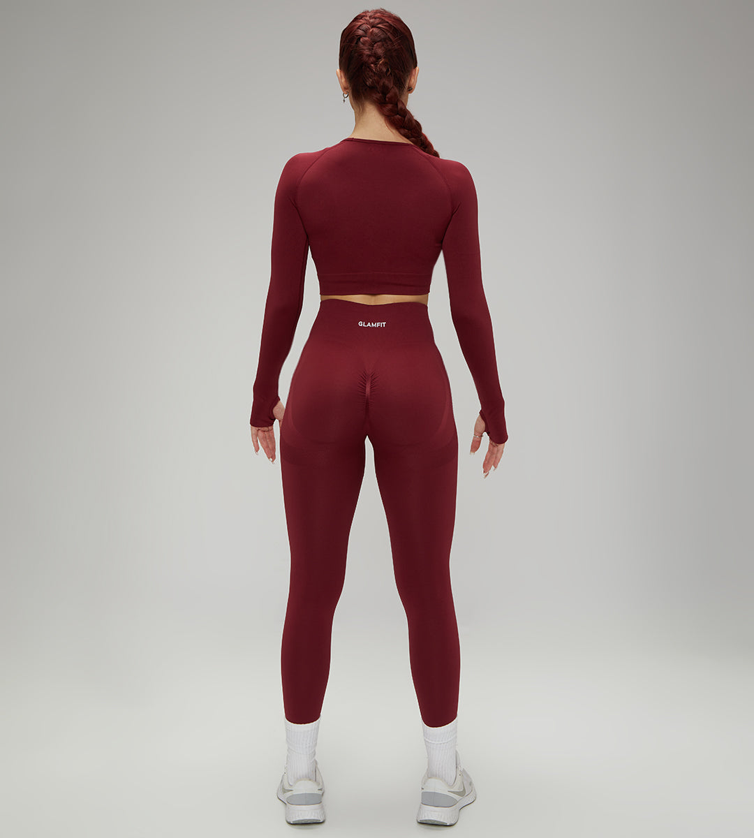 Hot Winter Spring Seamless Long Sleeve Crop Top High Waist Leggings 2psc Set Maroon