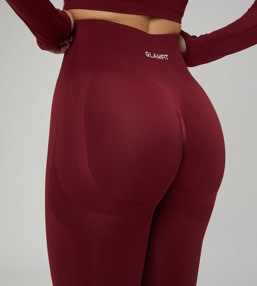 Hot Winter Spring Seamless Long Sleeve Crop Top High Waist Leggings 2psc Set Maroon