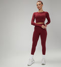 Hot Winter Spring Seamless Long Sleeve Crop Top High Waist Leggings 2psc Set Maroon