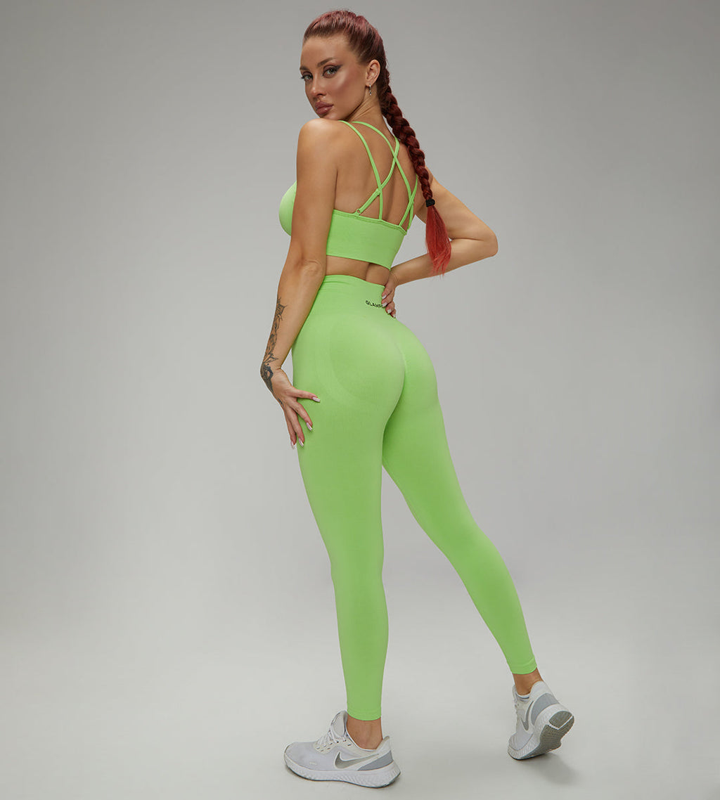 Rib-Knit Ladies High Waist Breathable Sport Pants And ZigZag Back Padded Bra Light Green