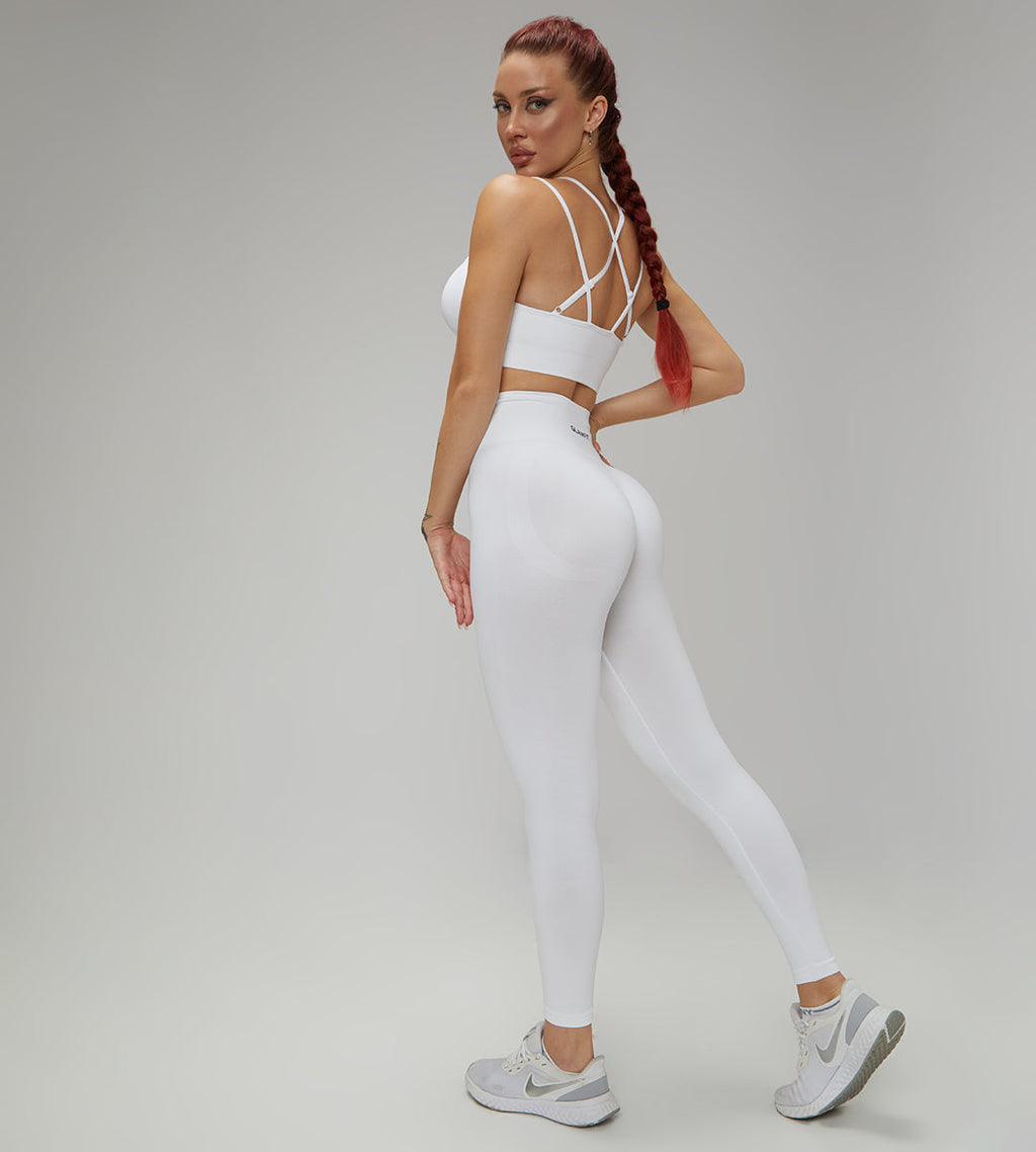 Rib-Knit Ladies High Waist Breathable Sport Pants And ZigZag Back Padded Bra 2pcs Set White