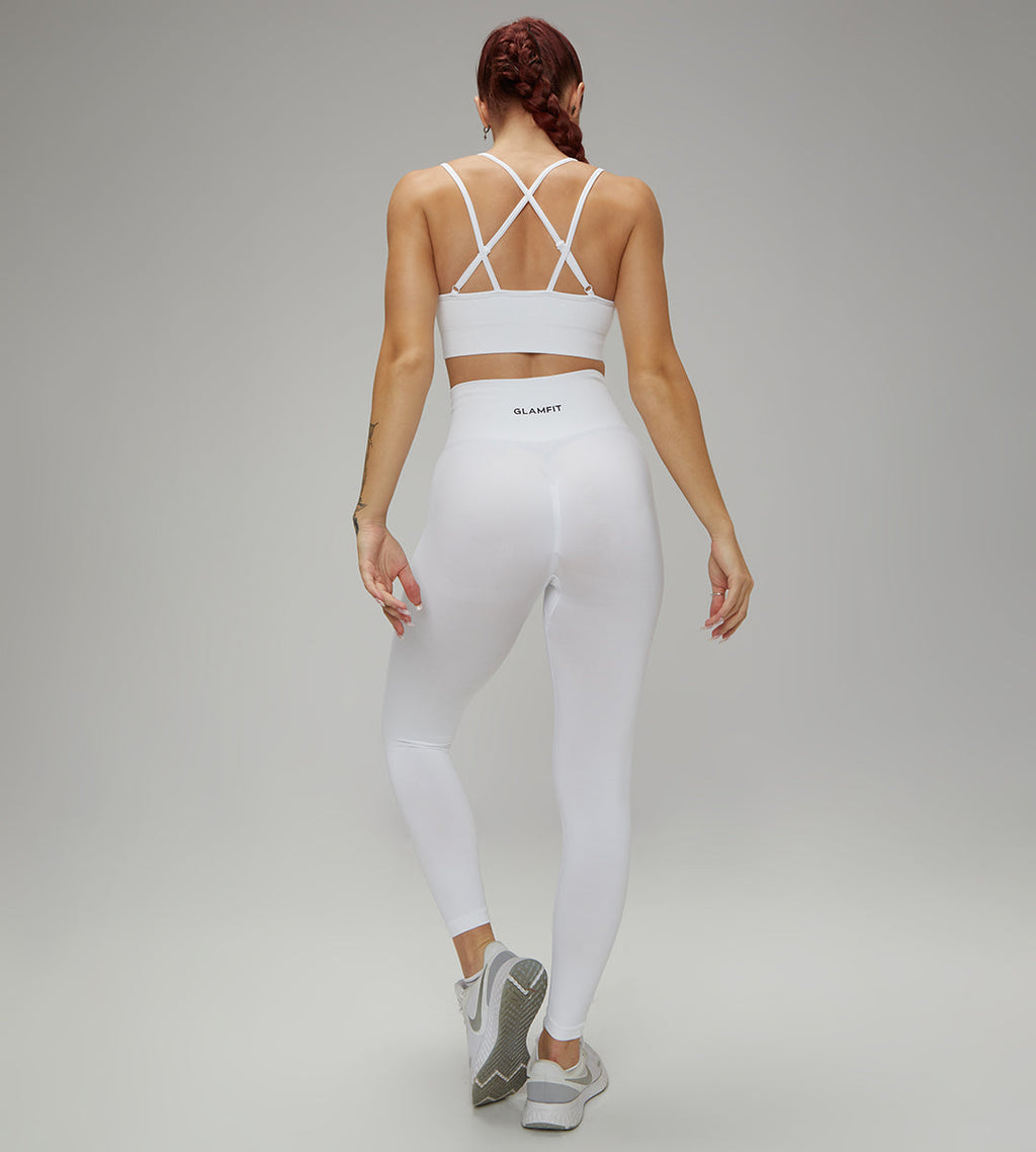 Rib-Knit Ladies High Waist Breathable Sport Pants And ZigZag Back Padded Bra 2pcs Set White