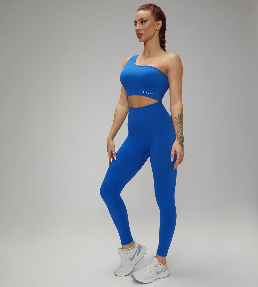 Hot Selling Ribbed Seamless High Waisted Legging, Shorts and  Padded Sportswear 4pcs Set Blue