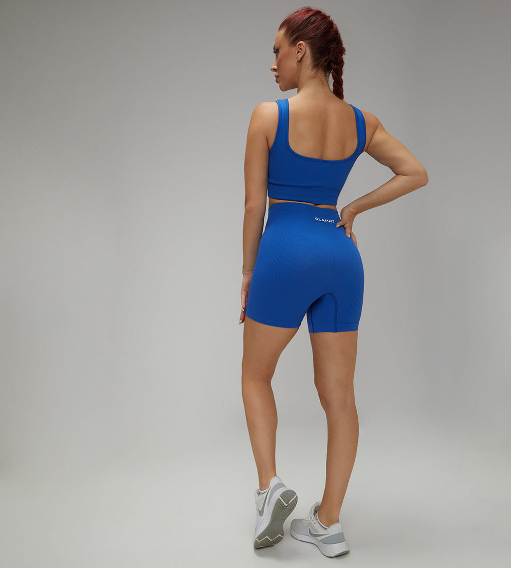 Hot Selling Ribbed Seamless High Waisted Legging, Shorts and  Padded Sportswear 4pcs Set Blue