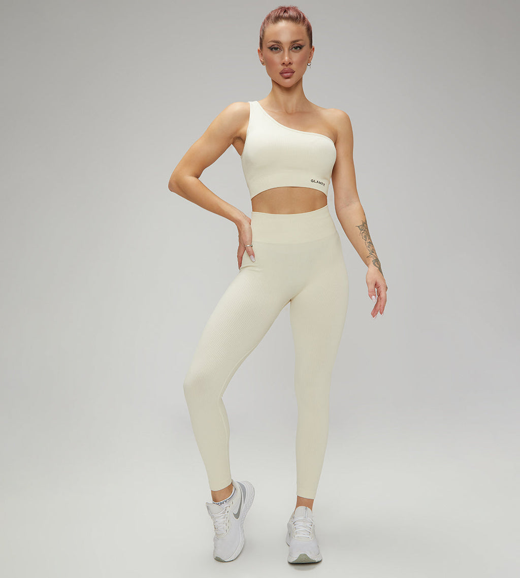 Hot Selling Ribbed Seamless High Waisted Legging, Shorts and  Padded Sportswear 4pcs Set Cream