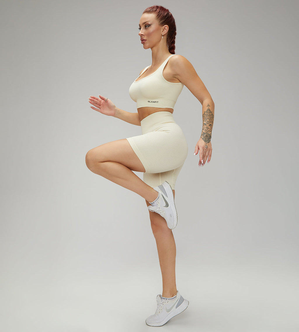 Hot Selling Ribbed Seamless High Waisted Legging, Shorts and  Padded Sportswear 5pcs Set Cream with Jacket