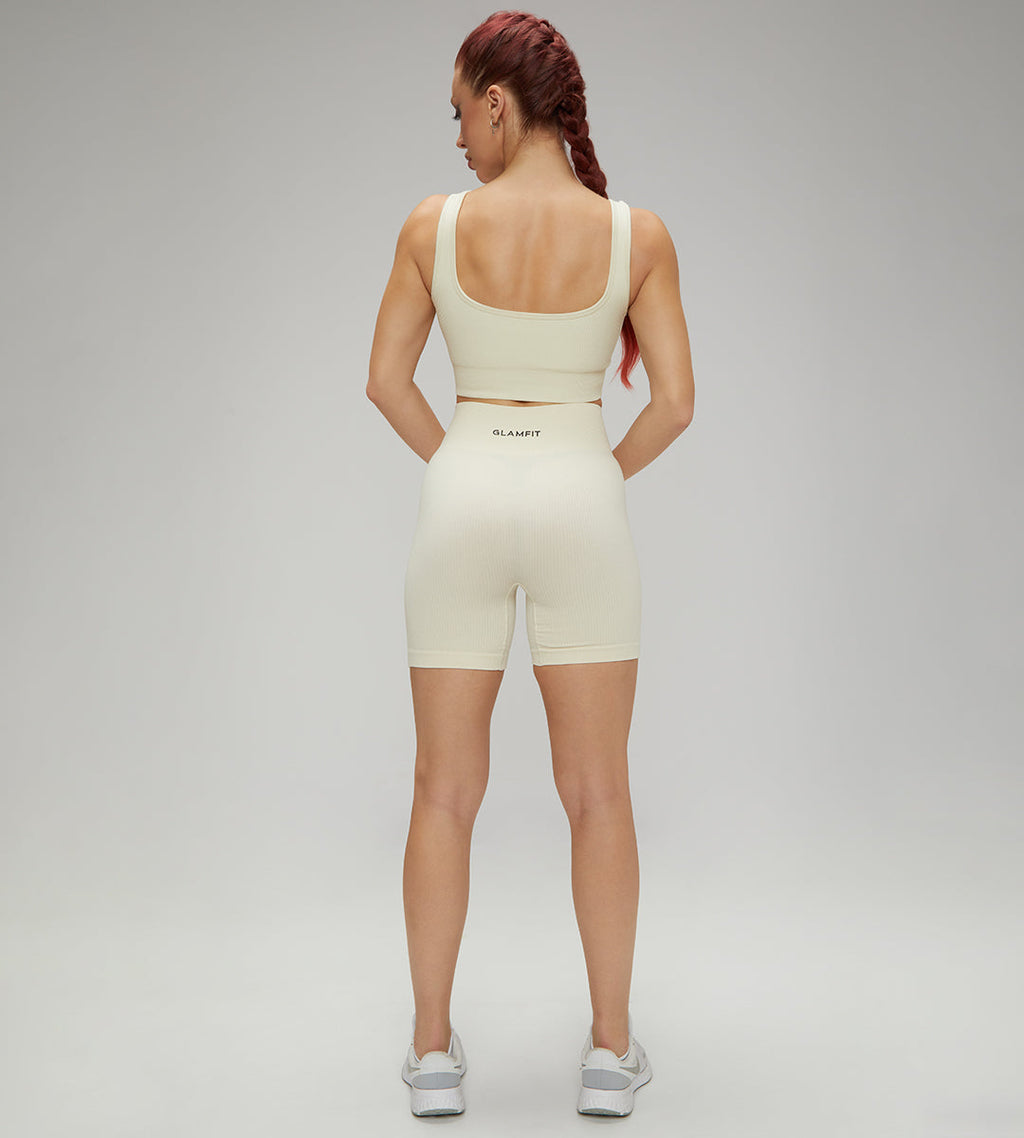Hot Selling Ribbed Seamless High Waisted Legging, Shorts and  Padded Sportswear 4pcs Set Cream