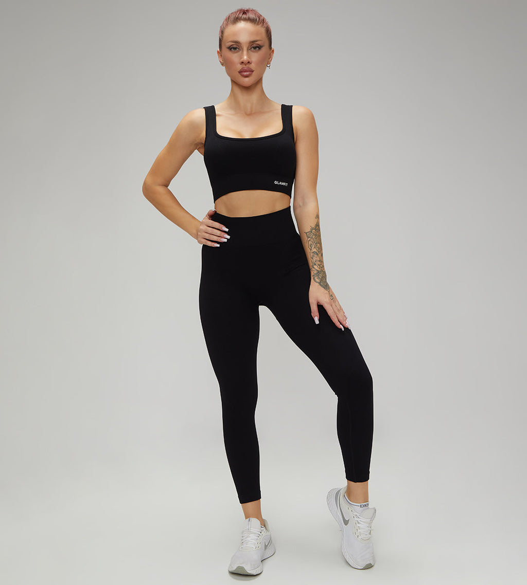 Hot Selling Ribbed Seamless High Waisted Legging, Shorts and  Padded Sportswear 5pcs Set Black + Jacket