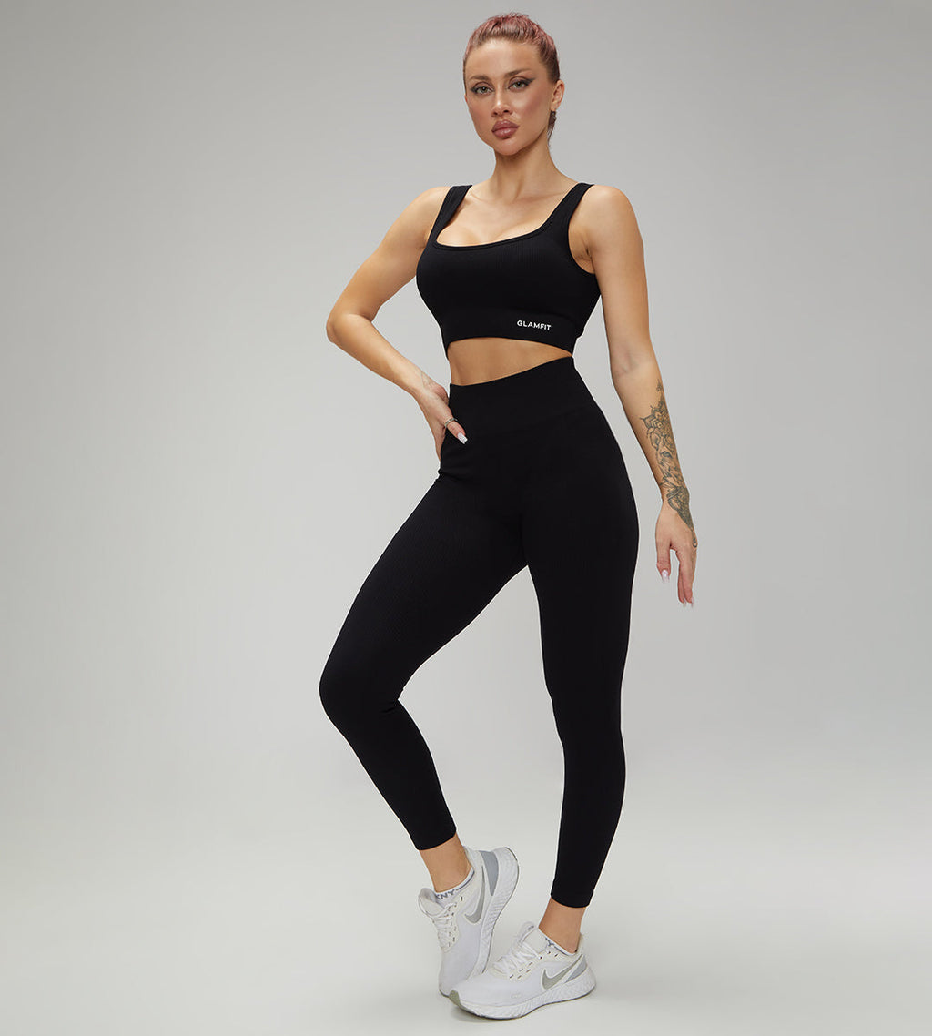 Hot Selling Ribbed Seamless High Waisted Legging, Shorts and  Padded Sportswear 4 pcs Set Black