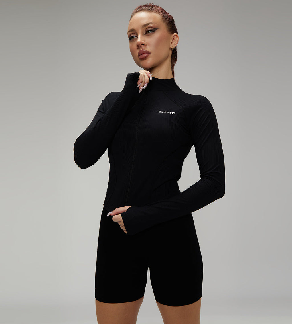 Slim Fit Running Jacket Women Solid Color Turtleneck Long Sleeve  Breathable Zipper Black