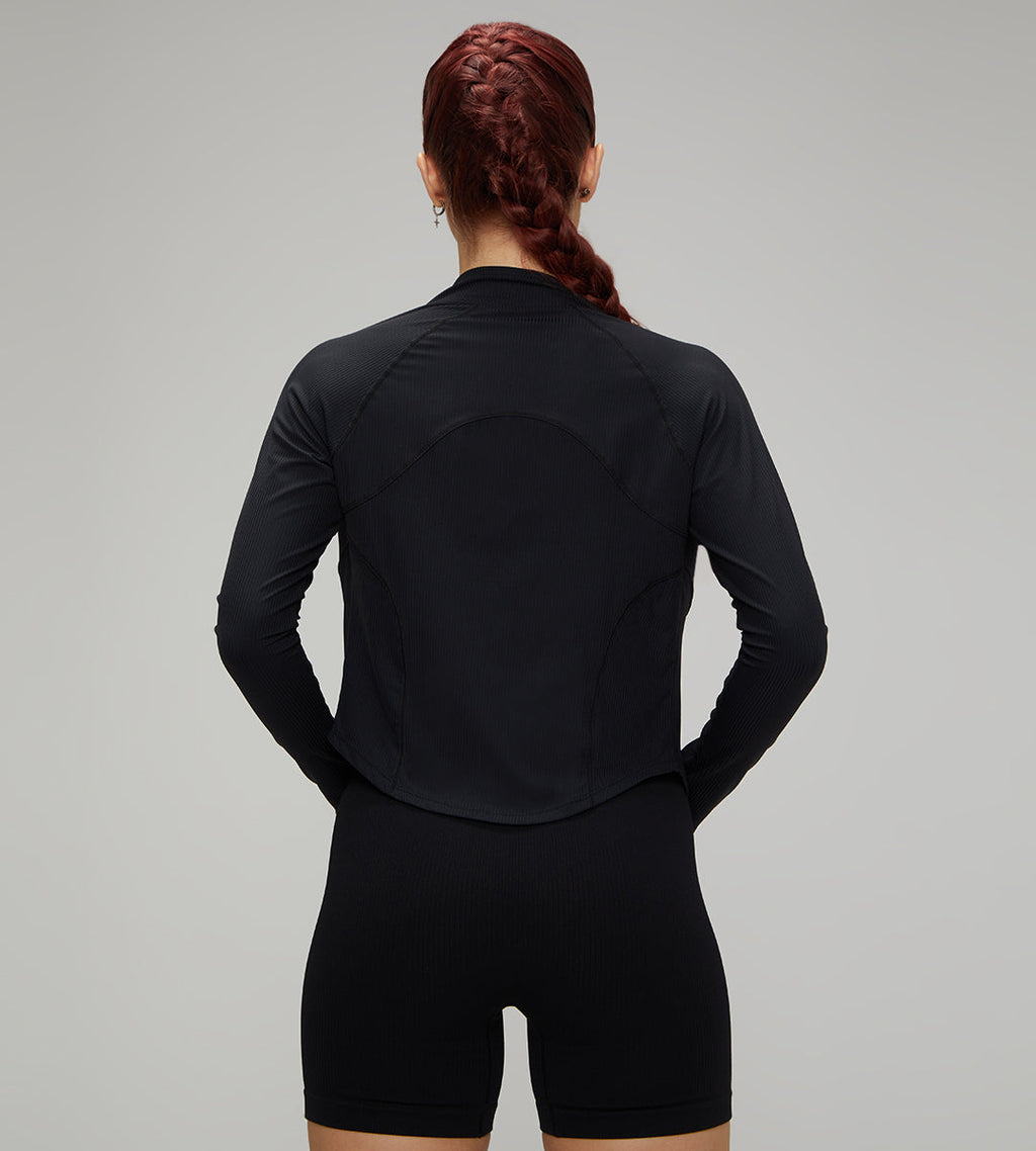 Slim Fit Running Jacket Women Solid Color Turtleneck Long Sleeve  Breathable Zipper Black