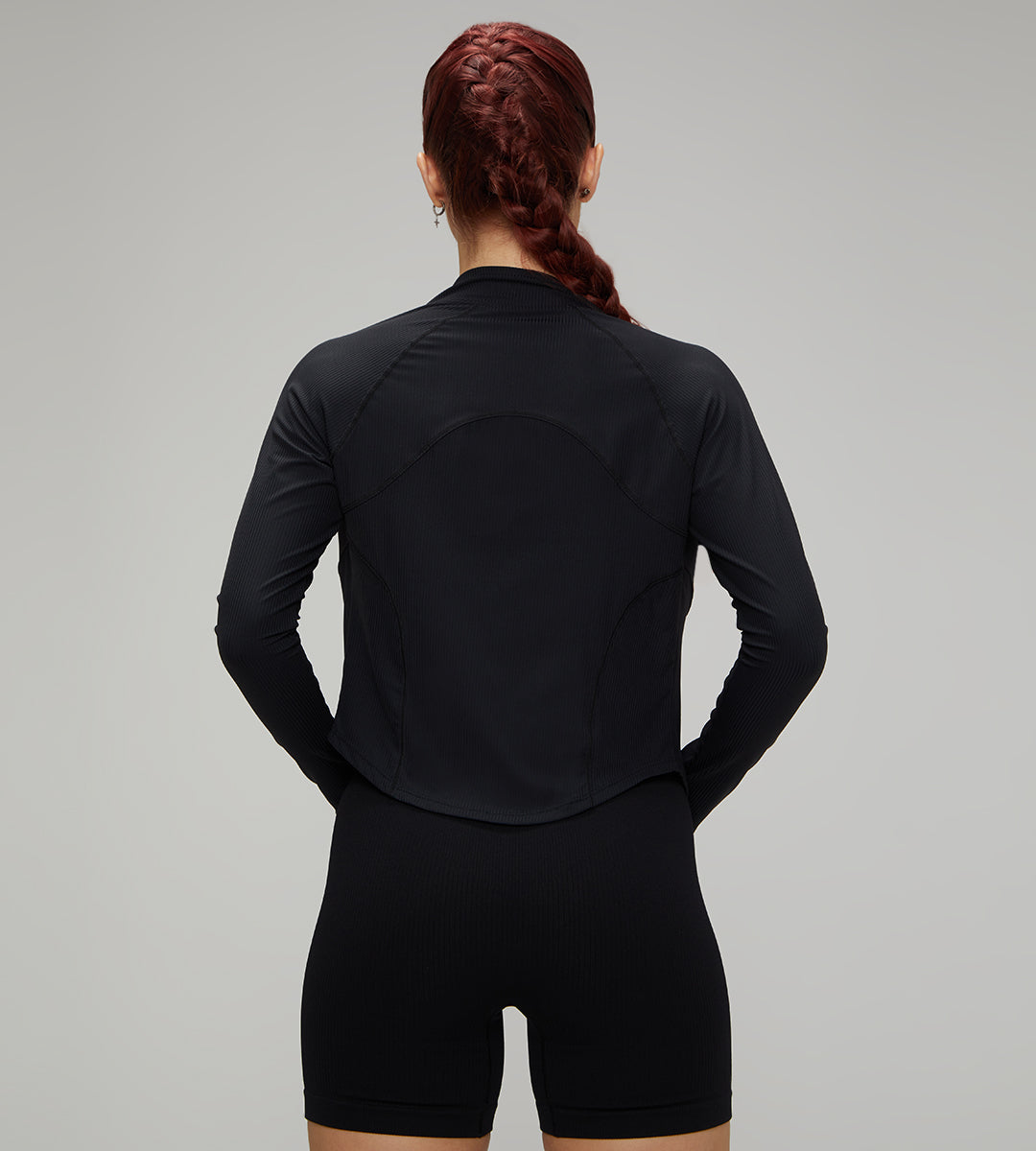 Slim Fit Running Jacket Women Solid Color Turtleneck Long Sleeve  Breathable Zipper Black
