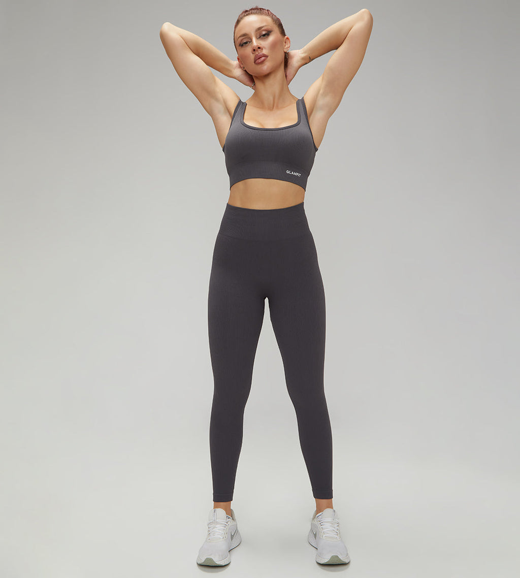 Hot Selling Ribbed Seamless High Waisted Legging, Shorts and Padded Sportswear 4pcs Gym Fashion Set Grey